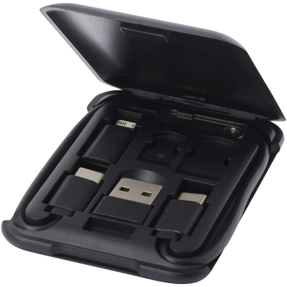 Savvy recycled plastic modular charging cable with phone holder