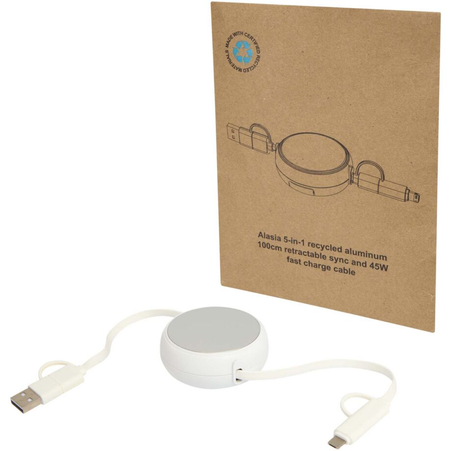 Alasia 5-in-1 100 cm recycled plastic and aluminium retractable data sync and 45W fast charge cable