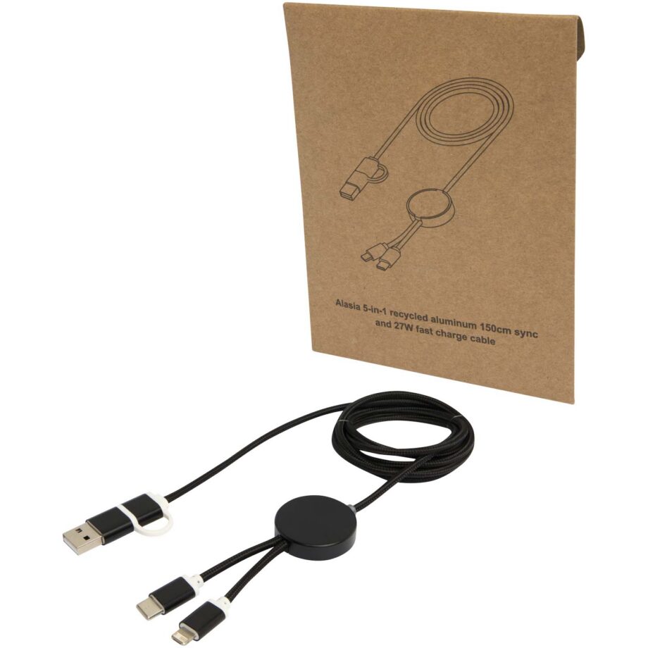 Alasia 5-in-1 recycled aluminium and plastic 150 cm data sync and 27W fast charge cable
